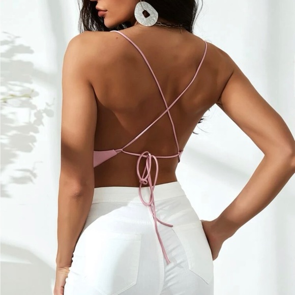 Satin Criss Cross Backless halter Top, baby Pink, SHEIN, Large (8/10) - Picture 2 of 3